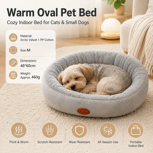 M Size 48x60cm Grey Oval Pet Bed - Arctic Fleece and PP Cotton - Thickened Warmth, Non-Slip Base, Removable Cover, Compact for Cats and Small Dogs