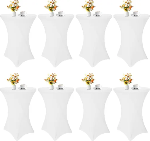 8 Pack Cocktail Table Covers 32x43 Inch Fitted Stretch Spandex Square Corners White Table Cover High Top Cocktail Round Tablecloth for Party, Wedding, Birthday, Banquet(White)