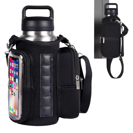 Transparent Single Row 6 Magnet Fitness Water Bottle Bag: HD touchscreen phone pocket, multi-pocket storage, thickened wear-resistant material securely attaches to equipment, one bag handles all sports and travel needs./black