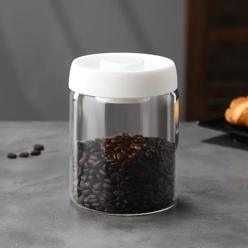 Borosilicate Glass Storage Jar with Vacuum-Seal White Lid for Coffee, Tea and Dry Food, Moisture-Resistant Kitchen Pantry Storage, 900ml