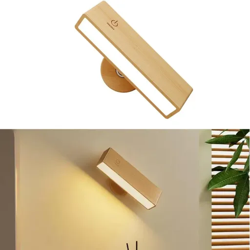 Indoor wall lamp - Wooden LED wall lamp with wireless charging - Bedroom wall lamp - 360° rotating touchscreen dimmable light - Drill-free installation - Suitable for bedroom/living room