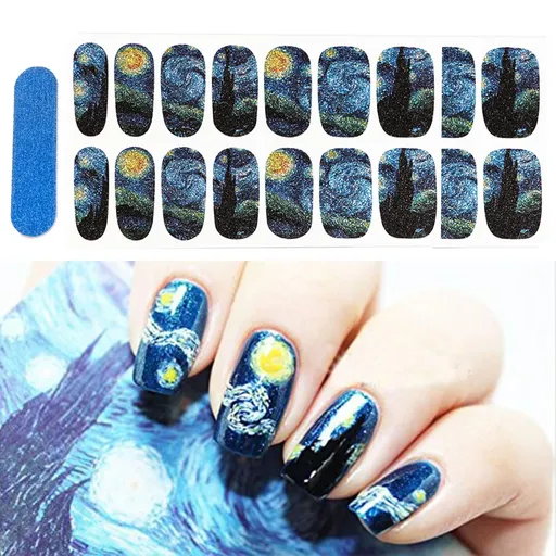3D Van Gogh's Starry Night Fullnail Stickers, Full Nail Starry Sky Art Gel Nail Polish Sticker Decals, Shimmery Glittery