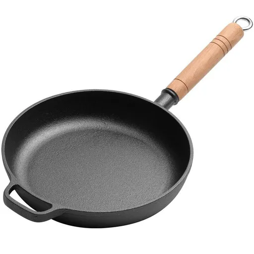 Cast Iron Frying Pan Wooden Handle 25cm Uncoated Surface