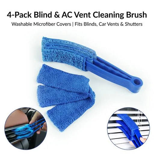 4 Pack Blue Shutter and Car AC Vent Cleaner Brush with Washable Microfiber Cleaning Cloth – Reusable Window Blind Dust Remover for Air Vent, Car AC Vent, Fan & Narrow Gap