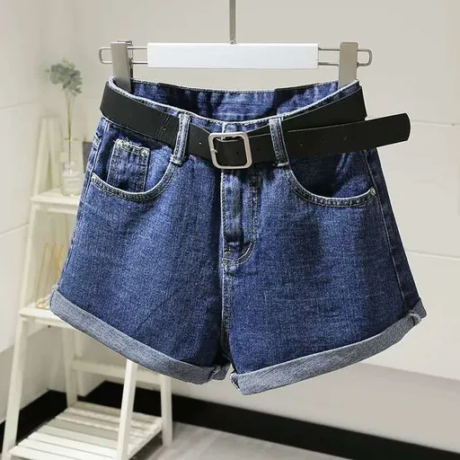 High Waist Cotton Denim Shorts Wide Leg White Dark blue