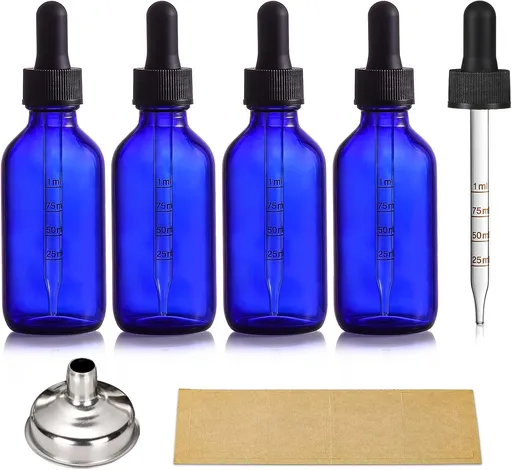 4 Pack 2 oz Glass Dropper Bottles with Measured Dropper - 60ml Dark Blue Tincture Bottles with Calibrated Glass Eye Droppers (1ml) - Leakproof Essential Oils Bottles for Health, Personal Care & Beauty