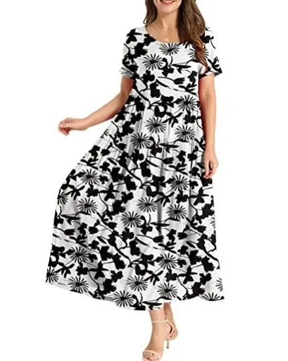 Women Floral Long Dress Short Sleeve Polyester Picture Color 21 XL Size: XL; Height (cm): 170-175; Weight (kg): 60-65; Bust (cm): 94-98; Waist (cm): 78-82; Shoulder width (cm): 40; Length (cm): 64