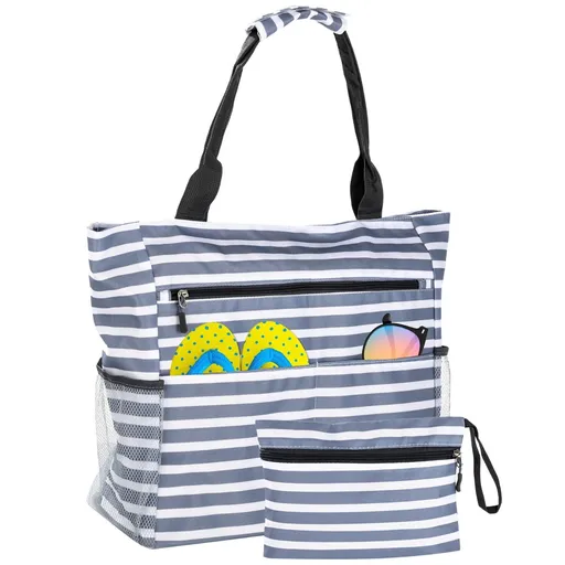 Beach Tote Bag, Large Capacity Foldable Beach Tote Bag for Women, Beach Bag with Zipper, Wet Pocket, Multiple Pockets, Gray Striped Tote for Beach Pool Travel, 15.4 x 15.9 x 6.7 in