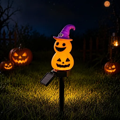 Halloween Solar Pathway Lights Set, 3 Spooky Designs Including Pumpkin with Witch Hat, Cute Ghost, and Faux Campfire, Warm Glow, Auto On/Off, Waterproof Solar Stake Lights for Outdoor Garden Yard Path Decor (Pumpkin, 2PCS)