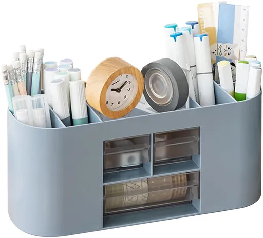Storage box with pen holder, desk organizer, 10 compartments, large capacity, double-layer transparent drawer, suitable for pencils, colored pencils and various writing instruments (blue)