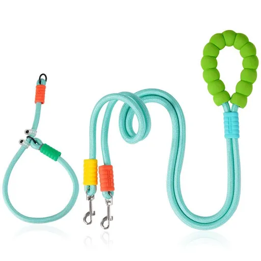 Green Double Dog Leash and Collar Set - Braided Rope Dual Lead with Padded Handle, 360 Degree Swivel Clips and Adjustable Collar for Daily Dog Walking