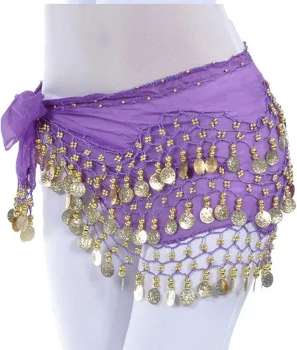 150cm Belly Dance Hip Scarf with Gold Coins,Purple