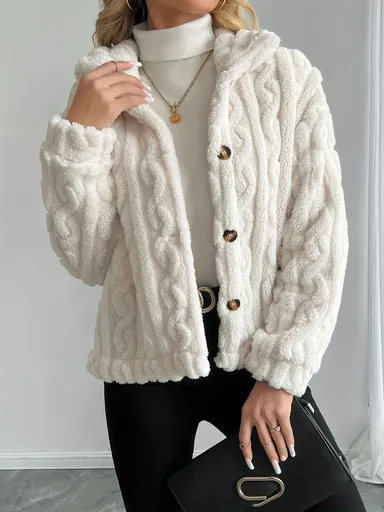 Double-Sided Fleece Coat Turn-Down Collar Button Coat Women'S Winter Outerwear - White - Size L(AU L/EU50)