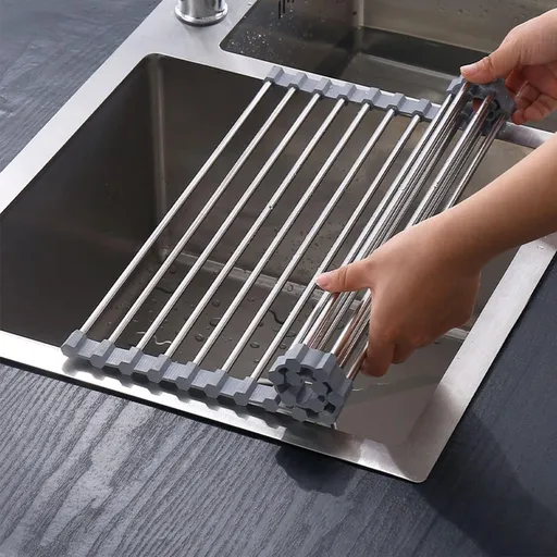 Roll-Up Dish Drying Rack, Stainless Steel Sink Drainer Mat for Dishes, Fruit and Vegetables over Kitchen Sinks, Grey, 43 x 35 cm