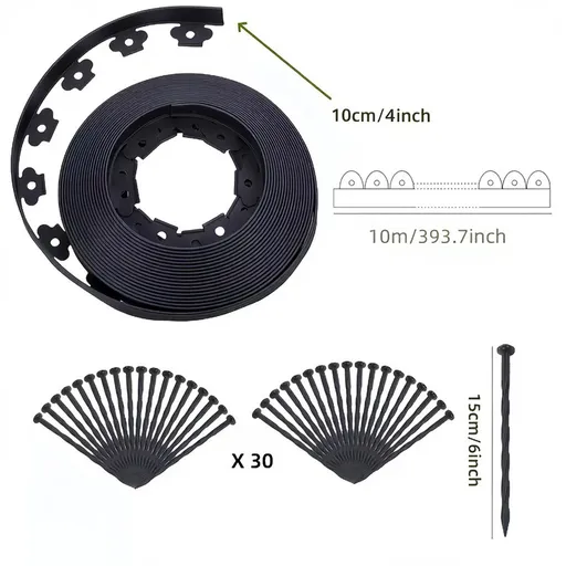 Black L-Shape PE Landscape Edging Roll Kit (10CM Height x 10M Long) - Anti-Root Lawn & Garden Divider with 30 Ground Stakes