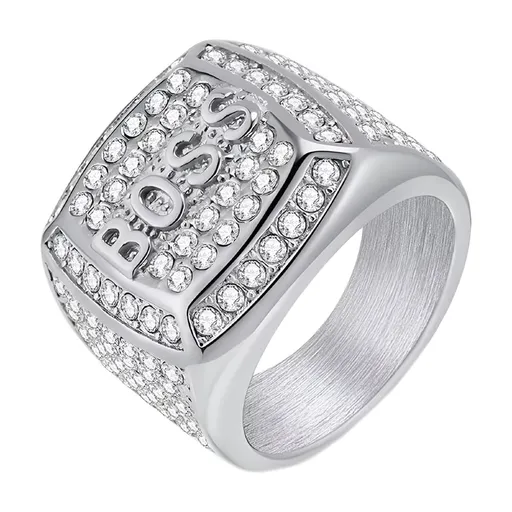 Men'S Stainless Steel Square Letter Micro Pave CZ Statement Ring Lucky Rich Jewellery Silver Size 11