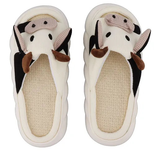 Linen Slippers Wear Resistant Comfortable Open Toe Indoor Slippers Sandals for 4 Season Cow Cartoon Pattern 42 43 Size
