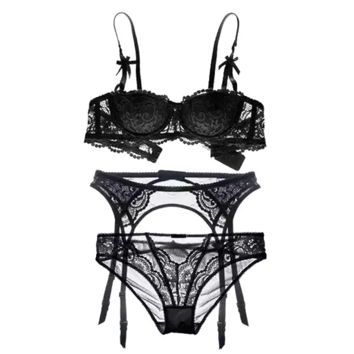 House Of Dasein Seductress Lace Bra Panty Garter Set - Black - 85C Or 38C