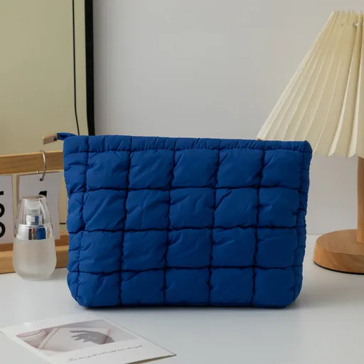 Blue 2 Pack Quilted Puffer Clutch Bag Set Checkered Makeup Pouch Women Fashion Cosmetic Organiser for Travel and Daily Use