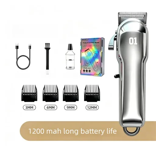 Silver Rechargeable Pet Hair Clippers - 1200mAh Dog and Cat Grooming Trimmer with Digital Display, USB Charging, Adjustable Blade and Guide Combs
