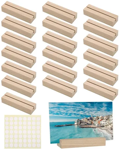 20-Pack Natural Wood Card Holders with Double-Sided Adhesive Dots for Photos, Postcards and Place Cards