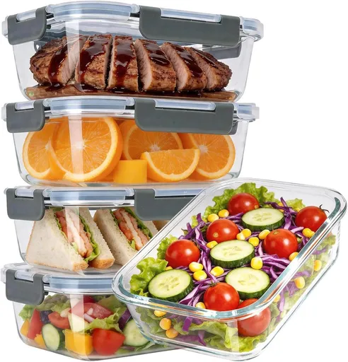 5 Pieces Glass Food Storage Containers with Lids, Airtight Leakproof BPA-Free, Oven Freezer Microwave Safe, Grey, 36oz