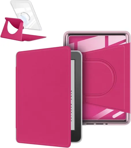 360° Rotating & Detachable Magnetic Case for 6.8" Kindle Paperwhite 11th Generation (2021) – Auto Wake/Sleep, Hands-Free Stand, Clear Back Cover (Rose Red)