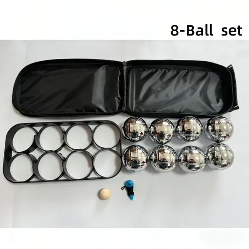 Petanque Boules Set – Chrome & Titanium Plated Steel Balls, with Jack, Measure Tool & Logo Bag, Backyard Beach Lawn Game(8-Ball Set）