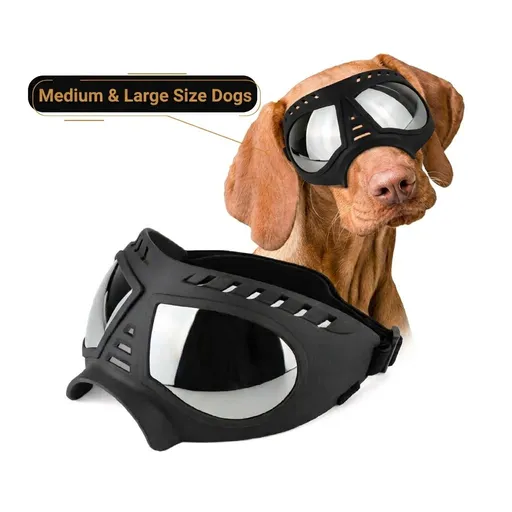 Adjustable Pet Dog Goggles with UV Protection Anti-Fog Lens and Reflective Coating for Medium to Large Dogs Outdoor Driving Beach Snow Activities (Black)