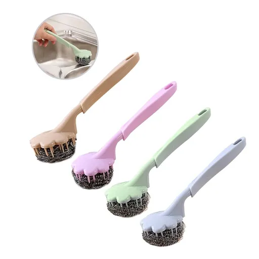 3-Pack Stainless Steel Scrubber Brushes with Plastic Handles for Kitchen, Household, and Tough Cleaning Tasks