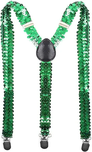 SEQUIN SUSPENDERS Unisex Adjustable Braces Clip On Elastic Y-Back - Green