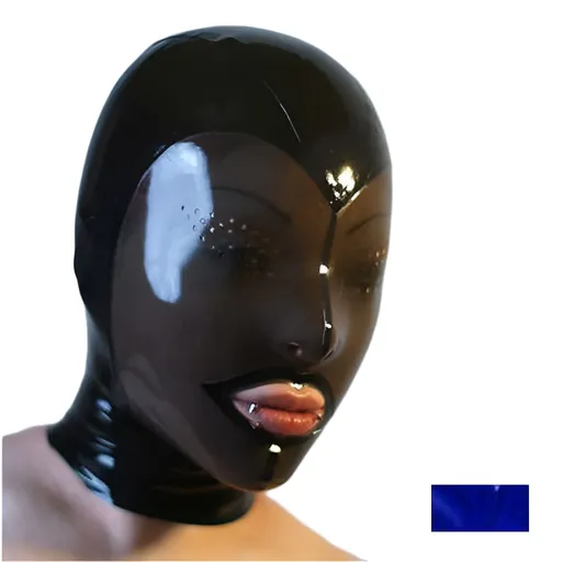 House Of Dasein Fetish Mask With Back Zip Transparent Black Face Hood Latex - Blue