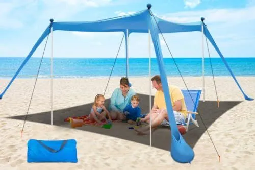 300*300*200CM 4 Poles Beach Tent Shade Canopy with UPF50+ Protection Sun Shelter Portable Camping Tents with Sandbags Poles and Ground Pegs and Anti-Wind Ropes for Beach Outdoor Camping Backyard Picnics - Blue