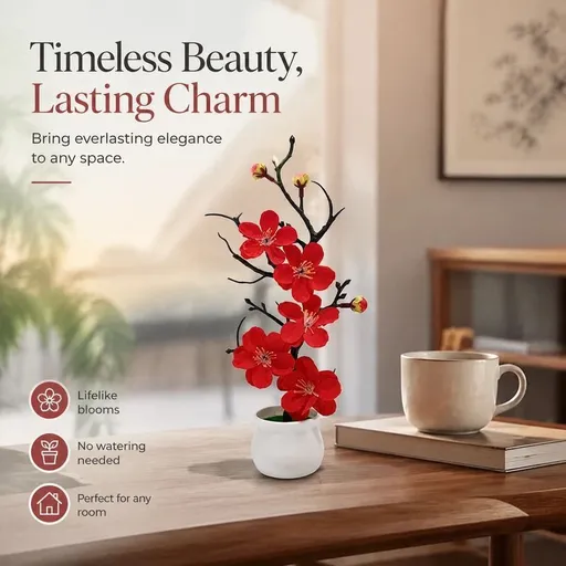 Soft Silk Wintersweet Jar Bonsai Table Decor Red