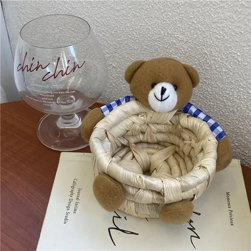 Cute Cartoon Bear Storage Basket Straw Storage Basket for Desktop Office Bedroom S