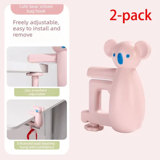 2-Pack Koala Desk Hook, Adjustable Glue-Free Table-Side Bag Hanger, Heavy-Duty Portable Backpack Hook for Students—Pink