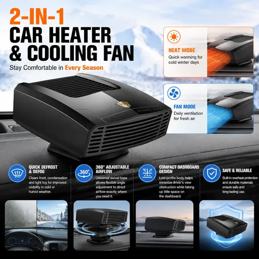 Black Portable Car Heater Fan with 360° Adjustable Base, Fast Defrost & Demister, Dual Mode Heat & Cooling Fan, Quiet Constant Tempe Dashboard Heater for Cars Winter Driving (12V / 150W)