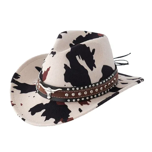 Beige Cow Print Western Cowboy Hat - Retro Cattle Head Studded Band, 57cm Head Fit, Wide Brim Country Style Hat for Parties, Festivals and Outdoor Wear
