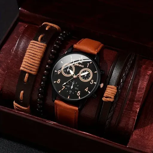 Men'S Bracelet Watch Set Single Calendar Watch Fake Three Eye Watch Canvas - Black - Size 13