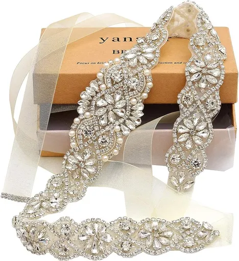 Bridal Belt Hand Rhinestone Wedding Belt Clear Crystal 55cm Long White Organza Ribbon for Wedding Dresses - Silver