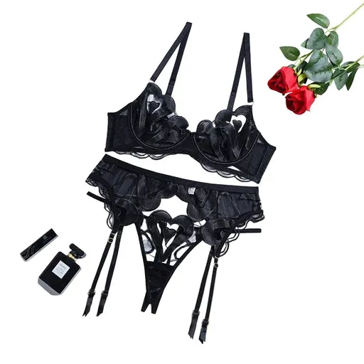 House Of Dasein Lace Mesh Embroidery Sexy Lingerie Gathering Straps Three Piece Set Shaping Body - Black - L