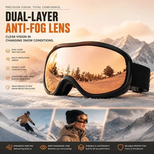 Sweet Daily Surprise Professional Ski Eyewear, Dual Anti-Fog Structure Blocks Wind & Strong Reflected Light, Black Frame Orange Lens
