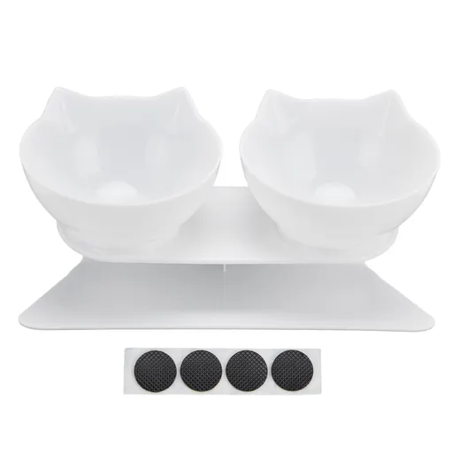 15° Inclined Cat Double Bowl Neck Guard Pet Feeding Bowl for Home Pet Shop Living Room(White Base White Bowl )