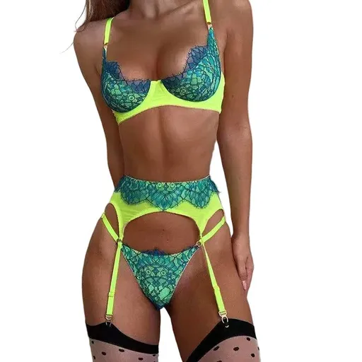 House Of Dasein Cross Border Wild Rose Three Color Lace Lingerie Set With Suspender Garter Belt Thong - Light Green - Xl