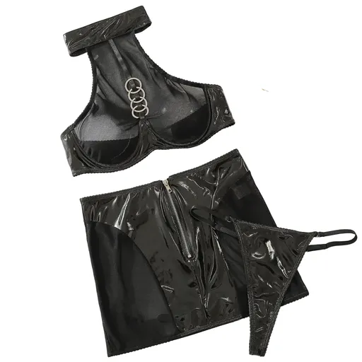 House Of Dasein Perspective Sexy Hollow Out Backless Hanging Neck Gathering Fun And Lingerie Three Piece Set - Black - L