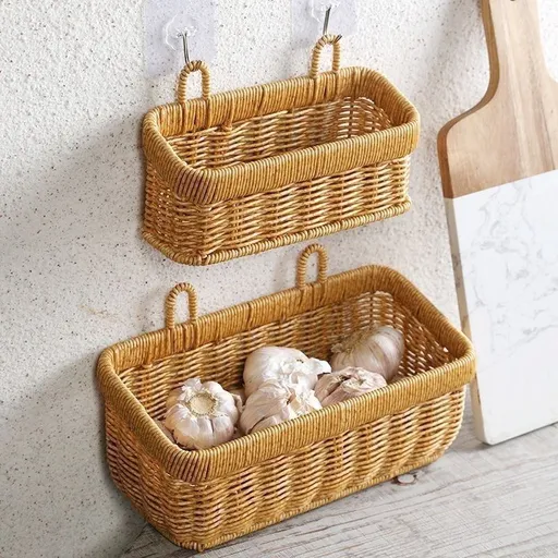 Rattan Wall Mount Storage Basket Washable Plastic Woven Organizer for Kitchen Garlic Ginger Spice Small