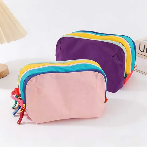 Dopamine Color-Blocking Cosmetic Bag, waterproof with large capacity, layered storage for skincare and makeup, easy opening and closing with drawstring zipper, essential sweet storage item for travel and commuting./(front) light powder (back) deep pu