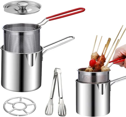 Stainless Steel Mini Deep Fryer Pot with Basket and Lid, Oil Strainer Pan for Tempura, Chips and Induction Cooking, Silver