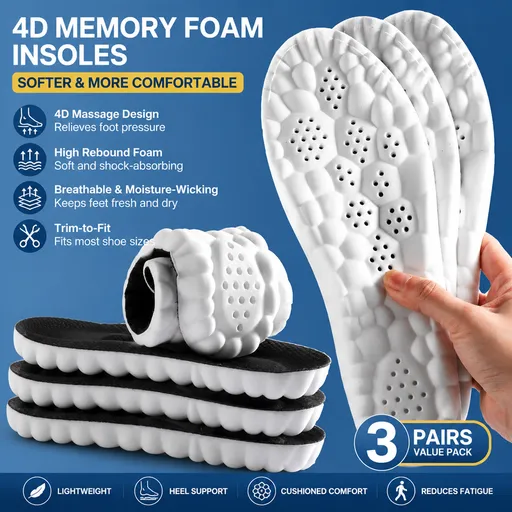 3 Pairs Black 4D Cloud Insoles for Men and Women Insoles Super Soft Anti-Fatigue, Shock Absorption, Relieve Foot Pain (AU 10–11)