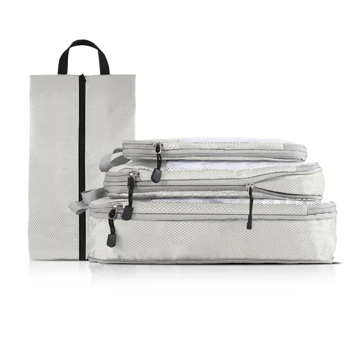 4-piece Set Beige Compression Travel Storage Bags Set, Mesh Travel Organizers for Luggage, Foldable and Space-Saving Packing Cubes